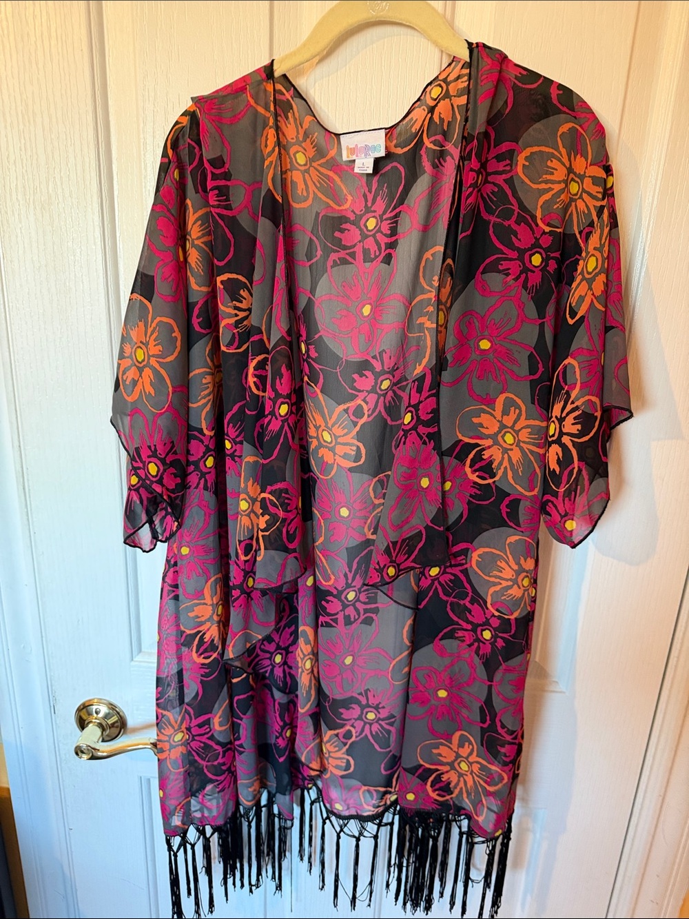 LuLaRoe Sheer Floral Fringe Kimono in Black, Pink & Orange